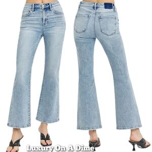 RISEN High-Rise Waist Slim Pants Wide Ankle Flare Hem Retro Denim Blue Jeans